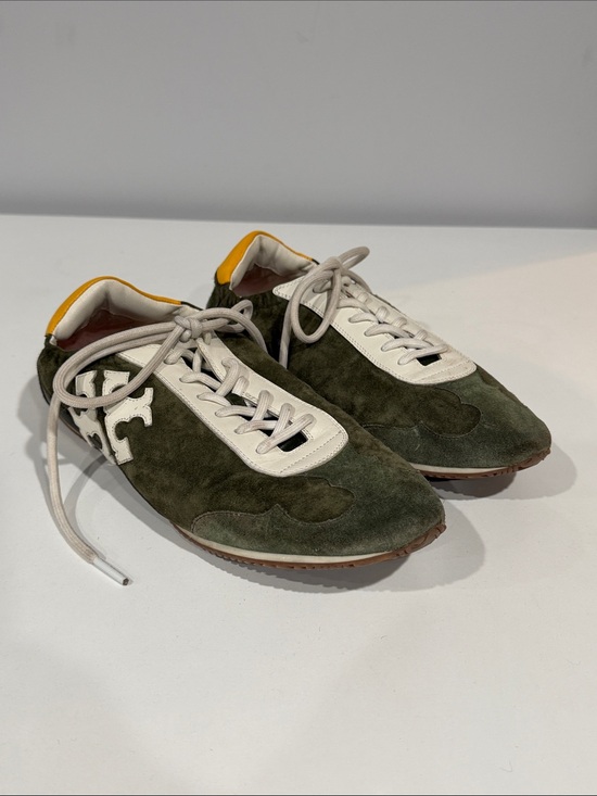 Tory Burch Shoes - Tory Burch Olive Green Suede Lace-Up Sneakers with White Trim 8.5
